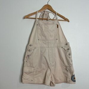 Vintage Pooh Womens Cotton Overalls Beige Disney Casual Tie Neck Size L Large